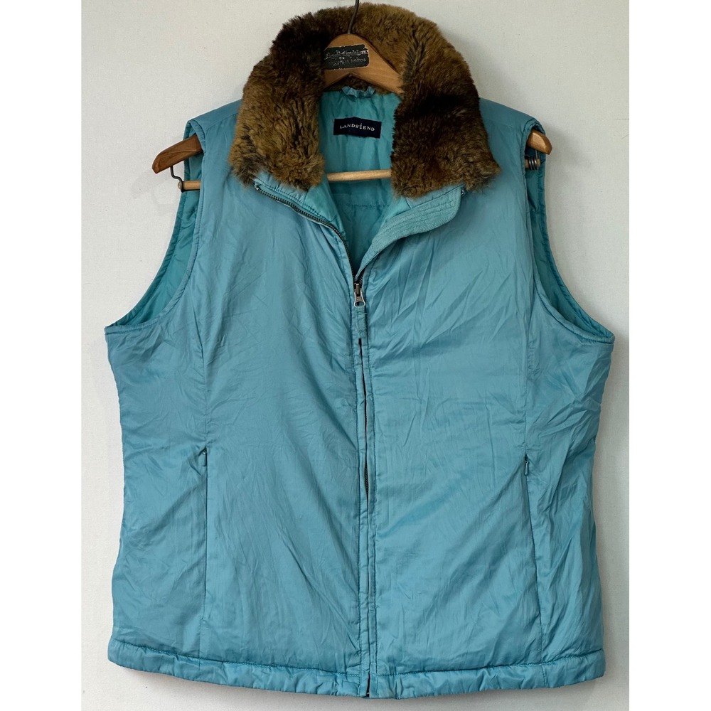 Lands End Puffer Vest Faux Fur Collar Down Insulated Womens M Blue Colorful